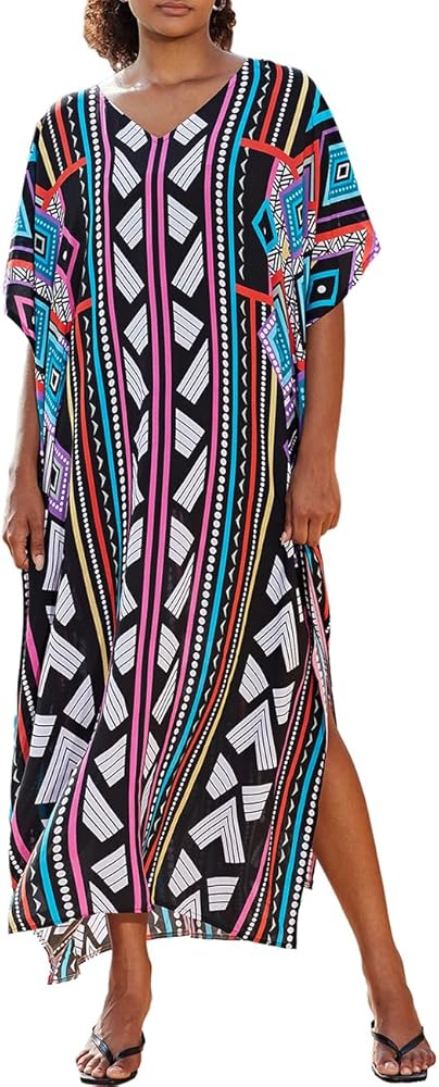 Bsubseach Print Kaftan Dress Batwing Sleeve Bathing Suit Cover Ups for Women Long Caftans Beach Maxi Dresses Geometric Lines