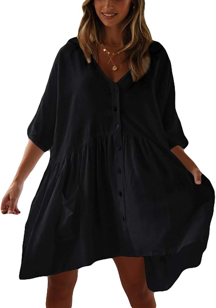 Bsubseach Casual Beach Shirt Tunic Dress with Pockets for Women Button Down Half Sleeve Swimsuit Cover Up