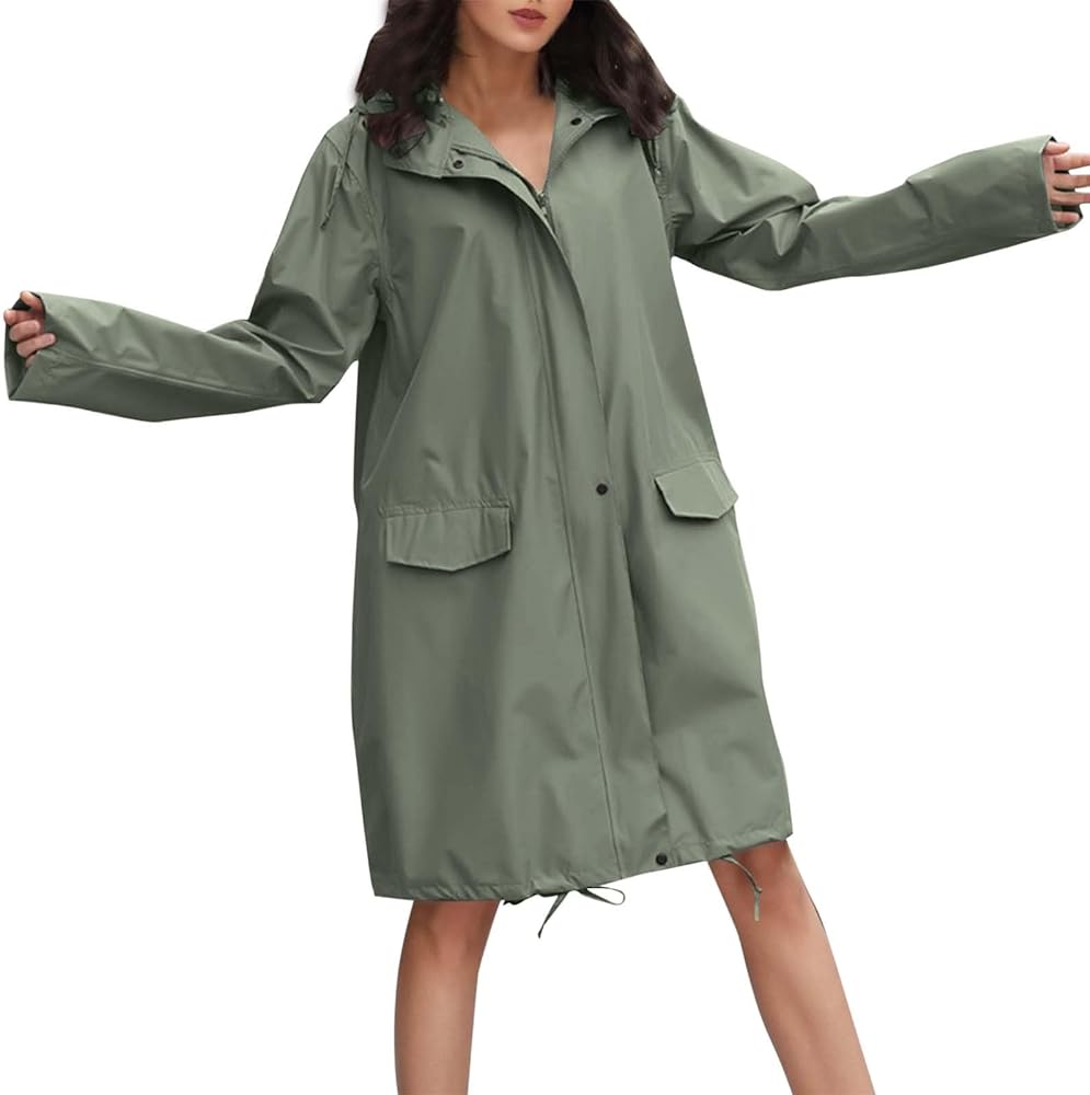 Womens Rain Jacket With Hood Lightweight Long Sleeve Windbreaker Trench Coats Zip Up Drawstring Raincoat With Pockets