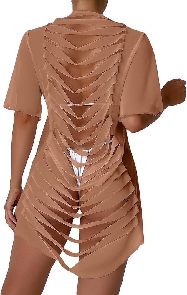 Women's Short Sleeve Solid Ripped Mesh Sheer Beach Summer Cover Up Dress