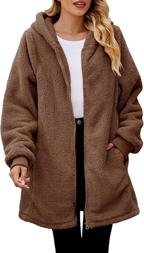 Women Winter Coat Warm Oversized Jackets Fuzzy Fleece Zip Up Hoodies Long Outerwear With Pockets Plus Size Overcoats