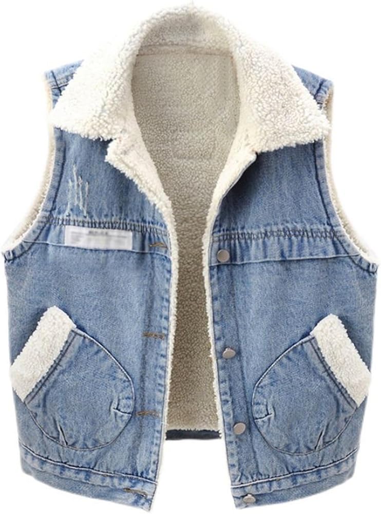 Binmer Womens Sherpa Fleece Lined Denim Vest Lapel Coat Loose Sleeveless Wool Warm Jean Jacket Waistcoat Outwear with Pocket