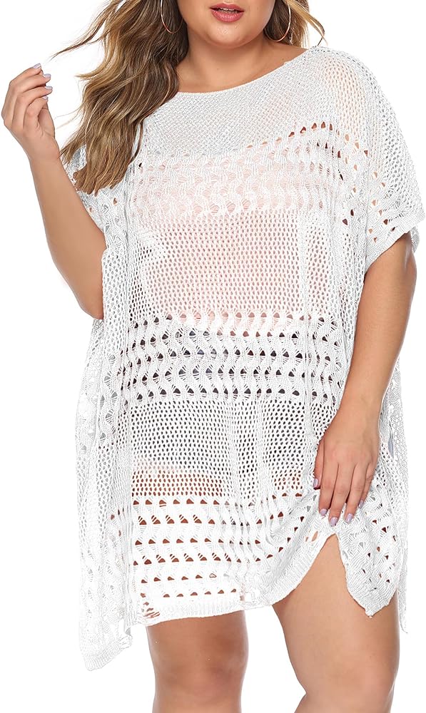 Womens Beach Cover Up Hollow Out, Crochet Plus Size Swimsuit Bathing Suit Coverups Bikini Summer Beachwear Dress