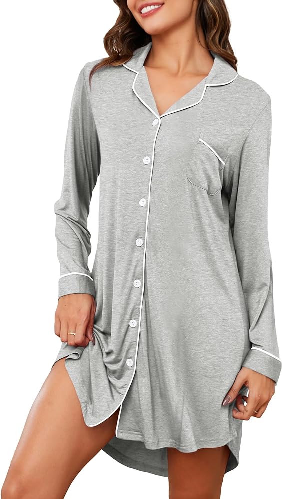 Women's Nightgown Short Sleeve Pajama Dress Soft Button Down Sleep Shirts Comfy Boyfriend Nightdress S-XXL