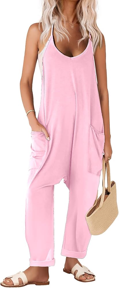 Ekouaer Womens Sleeveless Jumpsuit Loose Spaghetti Strap Baggy Overalls Jumpers Casual Long Pants Rompers with Pockets 2024