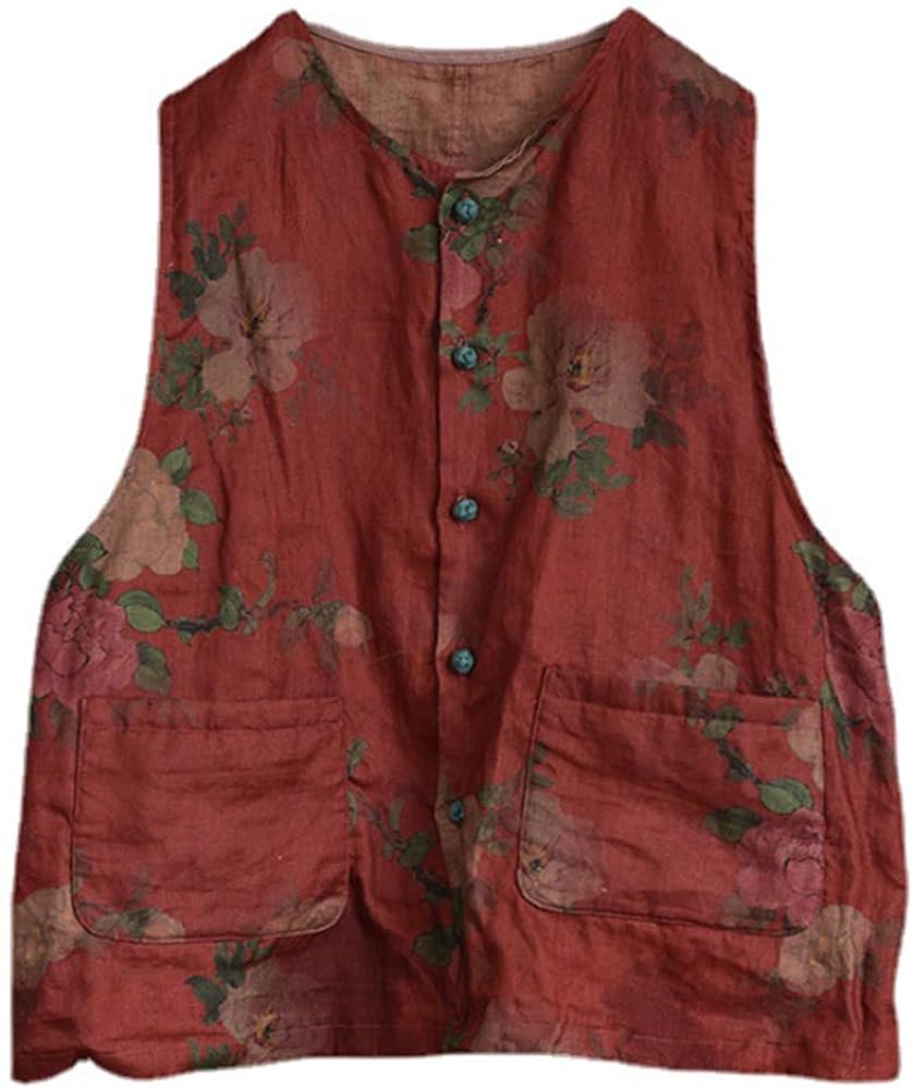 Womens Lightweight Linen Vest Handmade Knot Button Up Printed Sleeveless Blazer Jacket Tops with Pockets