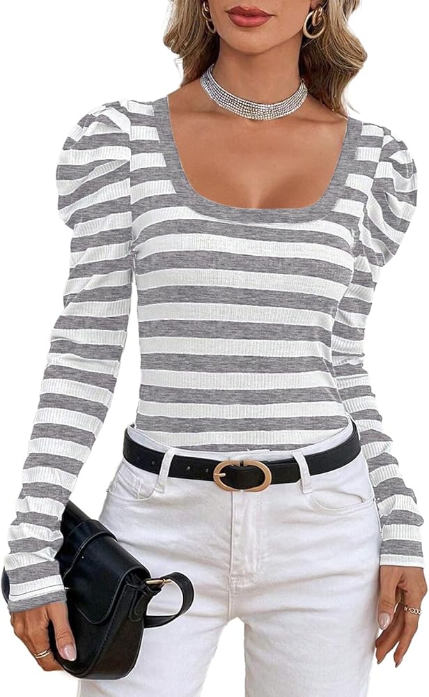 Dokotoo Women's Sexy Lace Square Neck Bodysuit Long Sleeve Striped Sexy Tee Shirt Blouse