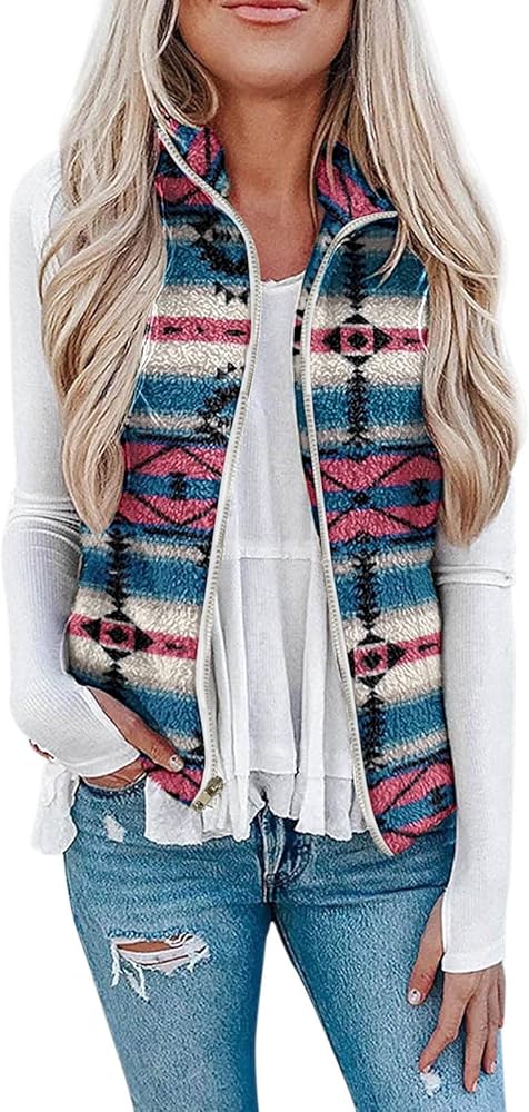 Womens Fuzzy Fleece Aztec Vest For Women Zip Up Sherpa Vest Fall Winter Jacket with Pockets Waistcoat Casual Warm Sleeveless