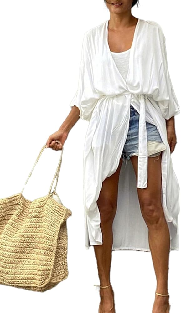 Rayon Beach Kimono coverups for Women Long Bathing Suit Cover Up Flowy Beachwear Cardigan