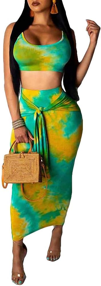 Remelon Womens Sexy Sleeveless Tie Dye Print Tank Crop Top Bodycon Tie Skirts Set 2 Piece Midi Dress Outfits