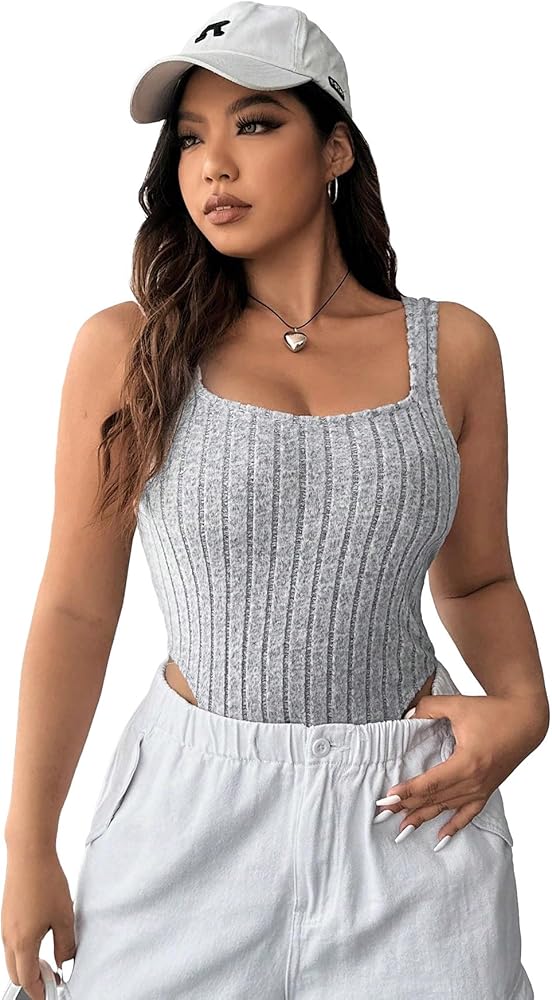 WDIRARA Women's Plus Size Solid Ribbed Knit Square Neck Sleeveless Tank Top Bodysuit