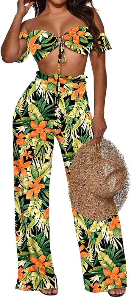 CuteCherry Tropical Two Piece Outfit Women Sexy Wide Leg Jumpsuit Floral Colorful Yellow Spaghetti Strap Top Long Pants Beach Sets