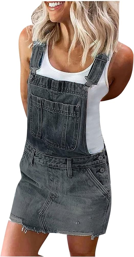 Women's Summer Casual Straps Denim Overall Dress with Pockets Sleeveless Suspender Skirt Pinafore Short Jeans