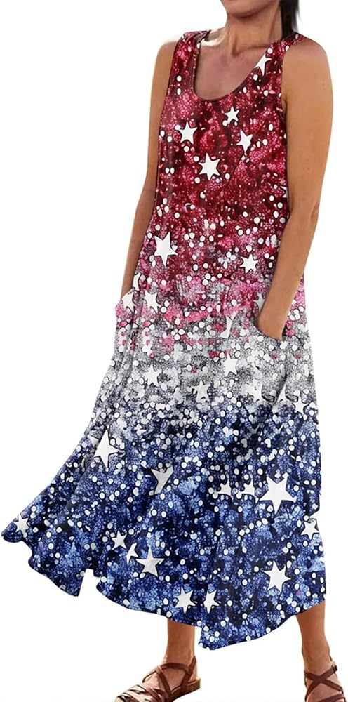 American Flag Dress Women's Sleeveless Patriotic Tshirt Sundress with Pockets Summer Casual Beach Dresses