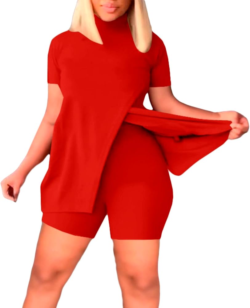 Litetao 2pc outfits for women Women Summer 2 Piece Set Short Outfit Solid Color Loose Tunic Tops and Bodycon Shorts Clubwear