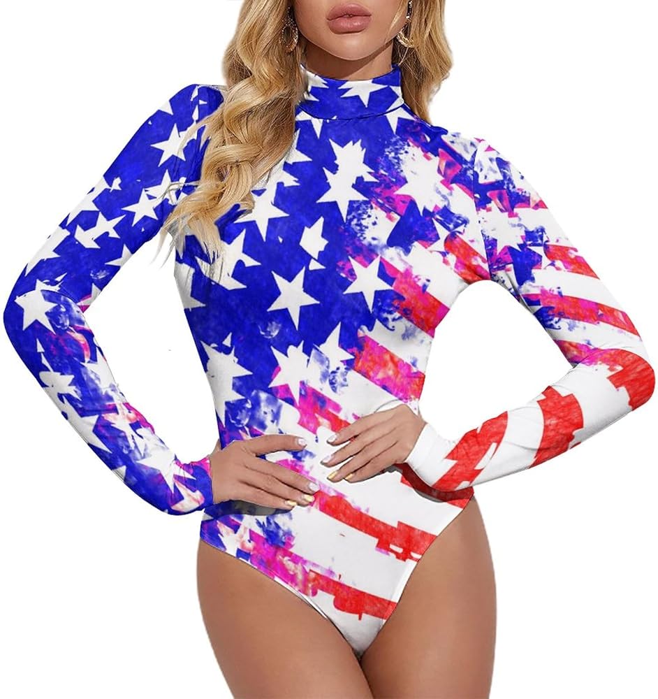 Women's High Collar Jumpsuit American Flag Bodysuit Summer Fashion Sexy Tops