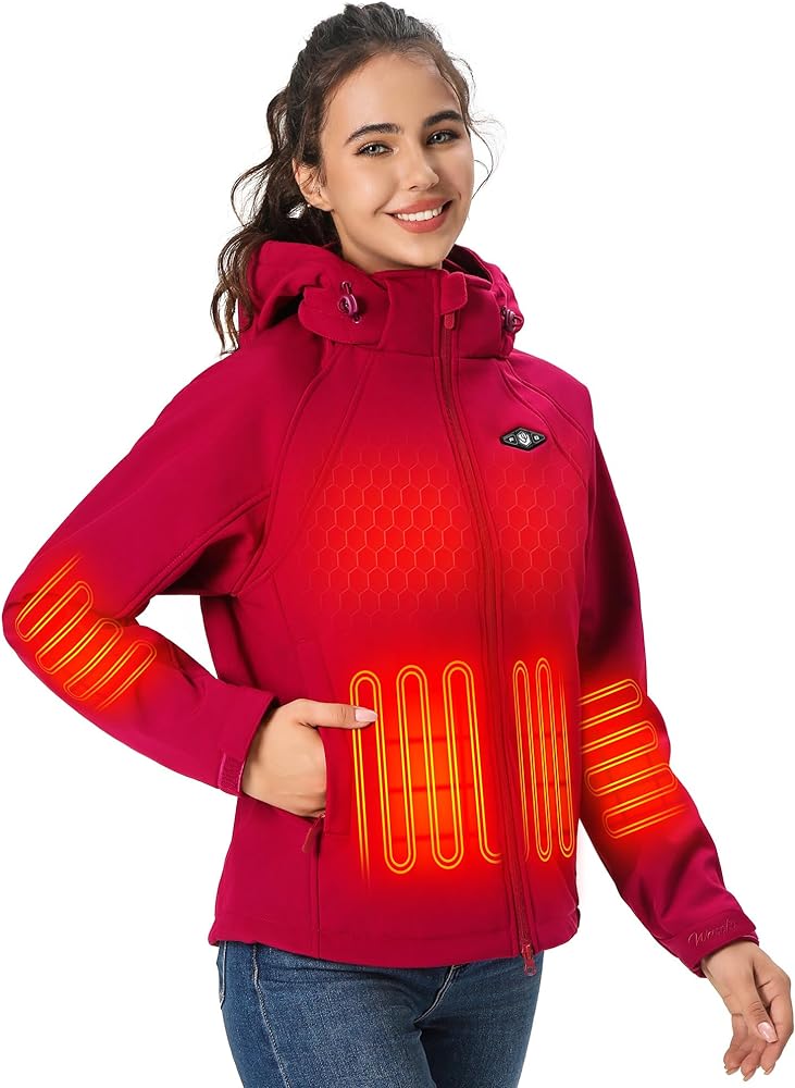 Heated Jackets for Women 16000 mAh Battery Pack Lightweight Water-Resistant Slim Fit Heated Coat with Detachable Hood