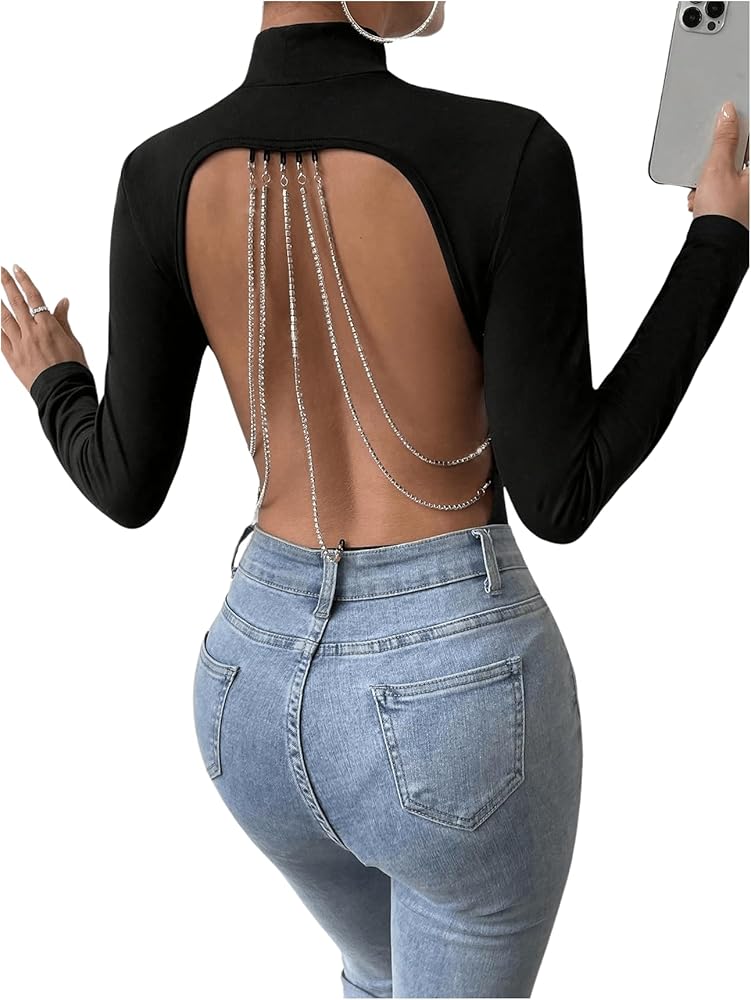 OYOANGLE Women's Rhinestone Chain Link Backless Mock Neck Long Sleeve Slim Fit Bodysuit Leotard Tops