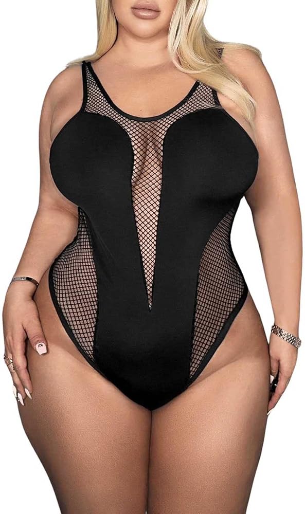 OYOANGLE Women's Plus Size Mesh Sheer Scoop Neck Open Back Sleeveless Going Out Bodysuit Tops