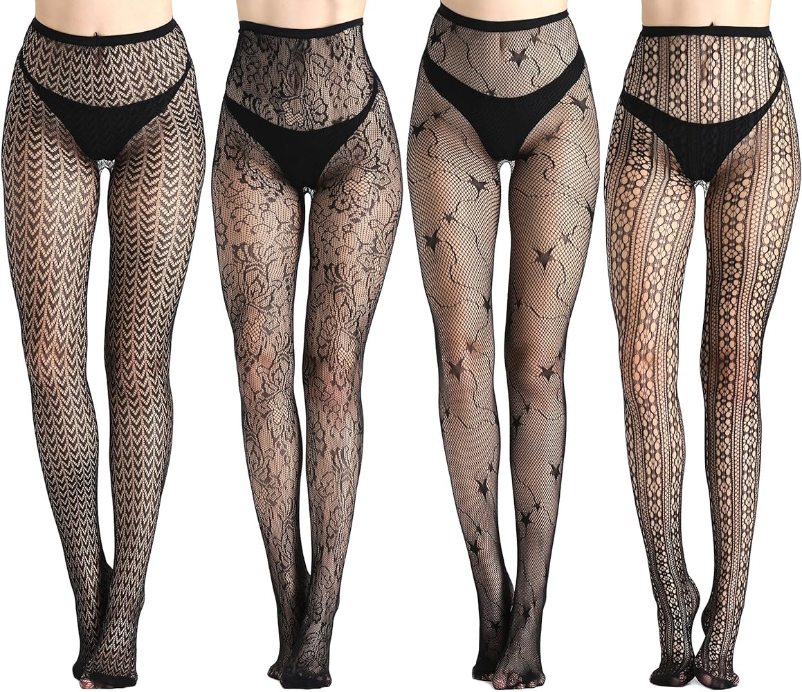 Joyaria Women Sexy Tights Fishnet Thigh-High Garter Stockings Pantyhose Black Pattern 4 Pack