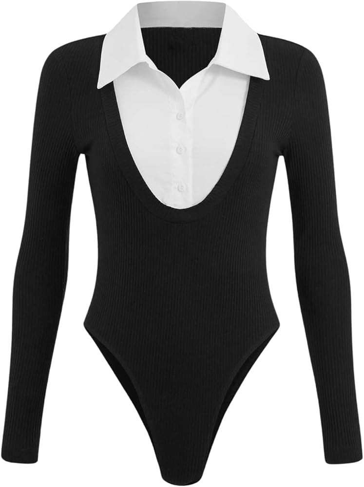 MakeMeChic Women's 2 in 1 Colorblock Collared Long Sleeve Button Front Knitted Leotard Bodysuit Tops