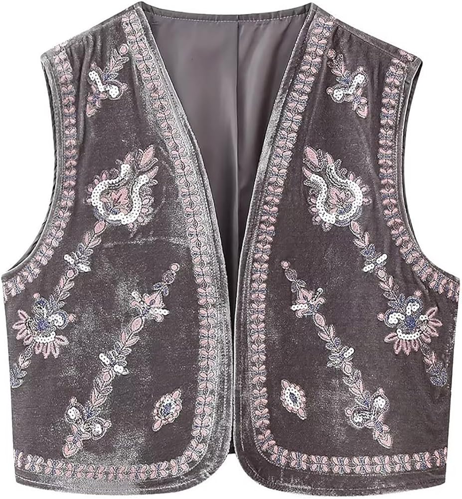 Embroidered Floral Velvet Vest for Women Vintage Sleeveless Open Front Crop Cardigan Boho Style Waistcoat Jackets