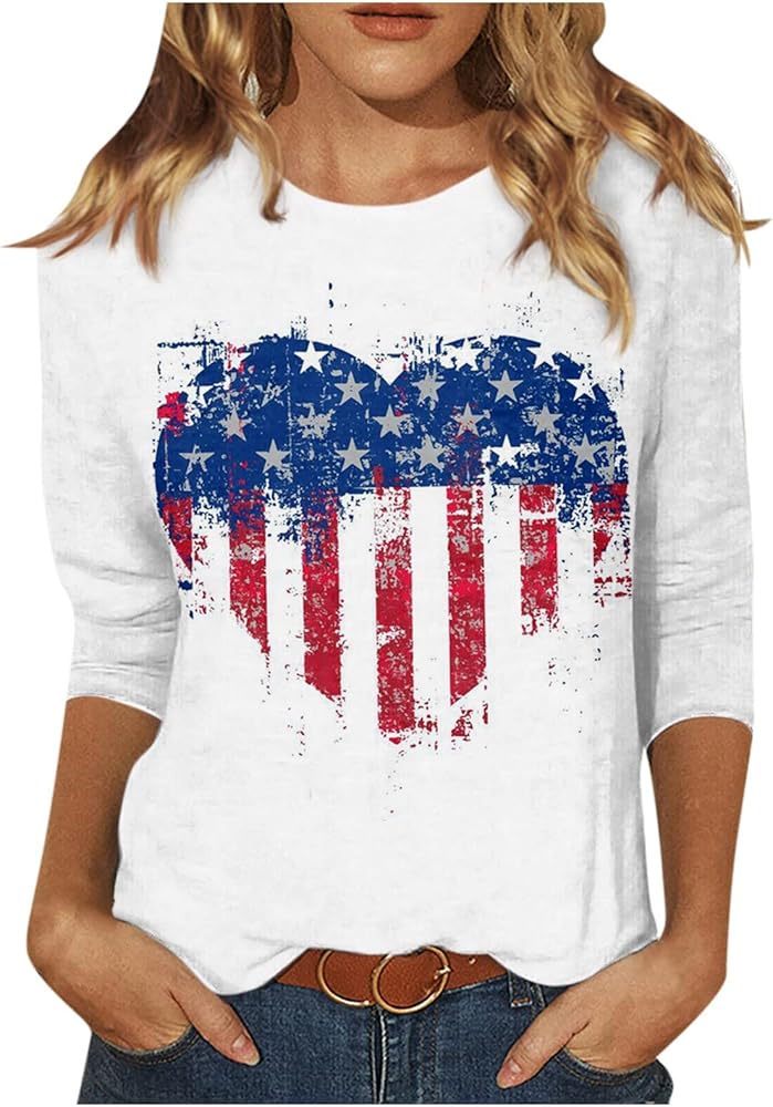 4Th of July 3/4 Length Sleeve Tops for Women, American Flag Pattern Tunic Top Casual Crewneck Tshirts