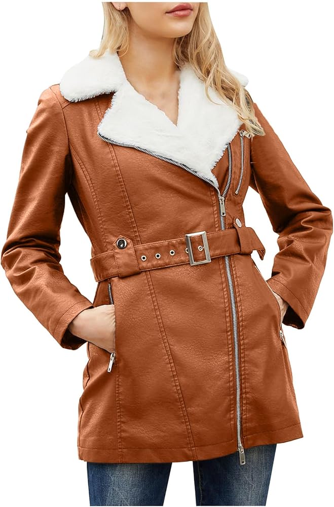 PVCS Fleece Faux Leather Jacket for Women Zip up Jackets Long Sleeve Leather Jacket with Pockets Solid Color Jacket with Belt