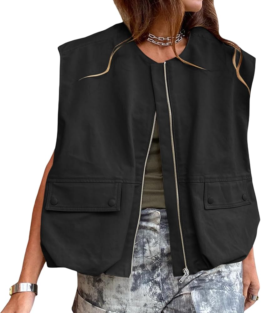 Zip Up Cargo Vest for Women Oversized Sleeveless Blazer Jacket Tops Round Neck Outerwear Vest with Pockets