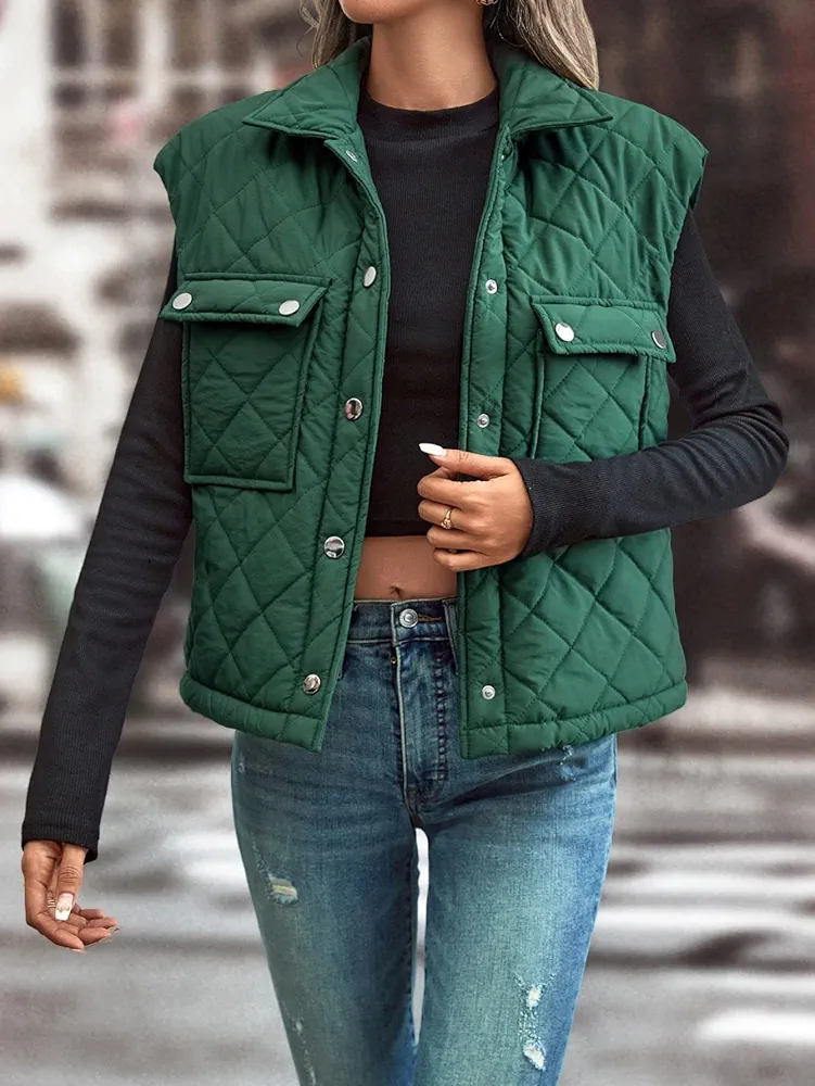 Women's Coat Jacket Warm Comfortable Flap Pocket Vest Quilted Coat Fashion Charming Unique Lovely (Color : Green, Size : Large)