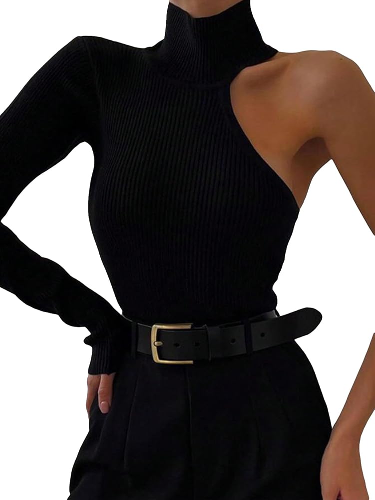 WDIRARA Women's Cut Out One Shoulder Bodysuit Long Sleeve Mock Neck Casual Bodycon Rib Knit Shirts Tops