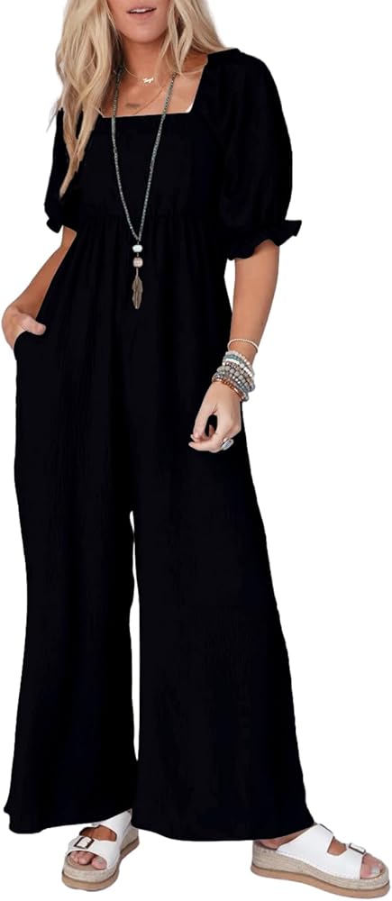 Dokotoo Women's Casual Loose Overalls Jumpsuits One Piece Short Puff Sleeves Wide Leg Long Pant Rompers With Pockets