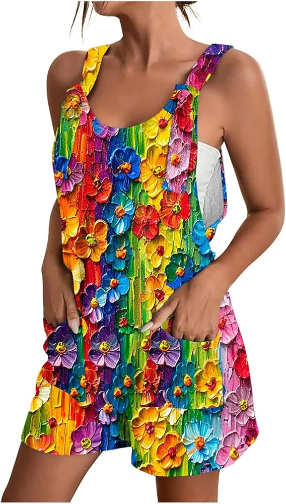 Summer Overalls Shorts for Women Loose Fit Casual Baggy Adjustable Straps Rompers Tie-dye Print Jumpsuit with Pocket