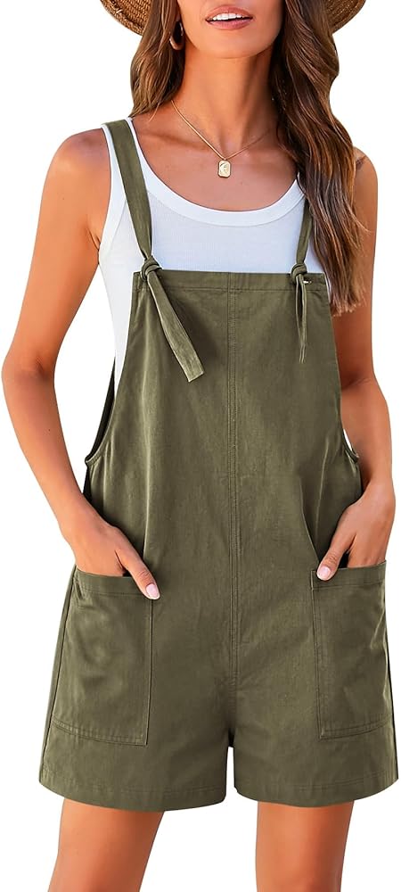 CFLONGE Overalls for Women Summer 2024 Dressy Casual Womens Romper Sleeveless Spring Tie Strap Cotton Jumpsuits with Pockets