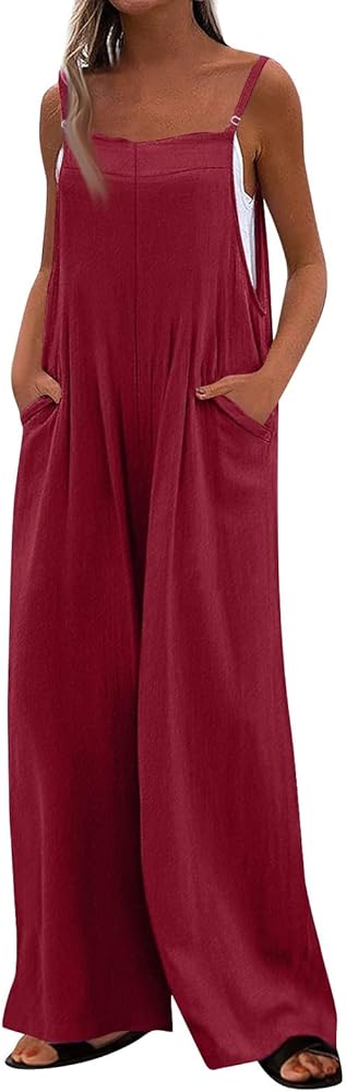 Rompers for Women 2024 Sleeveless Adjustable Straps Casual Loose Overalls Solid Wide Leg Jumpsuits with Pockets