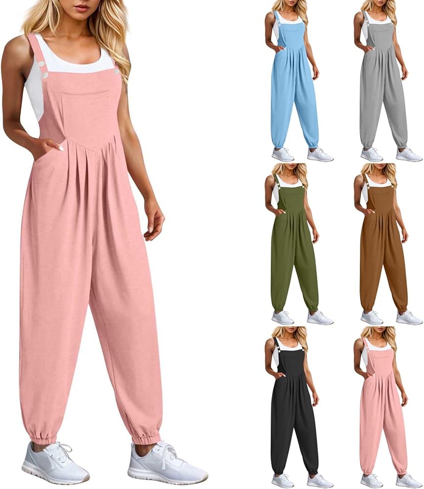 Womens Waffle Jumpsuits 2024 Summer Spring Casual Rompers Sleeveless Adjustable Strap Solid Overalls with Pockets