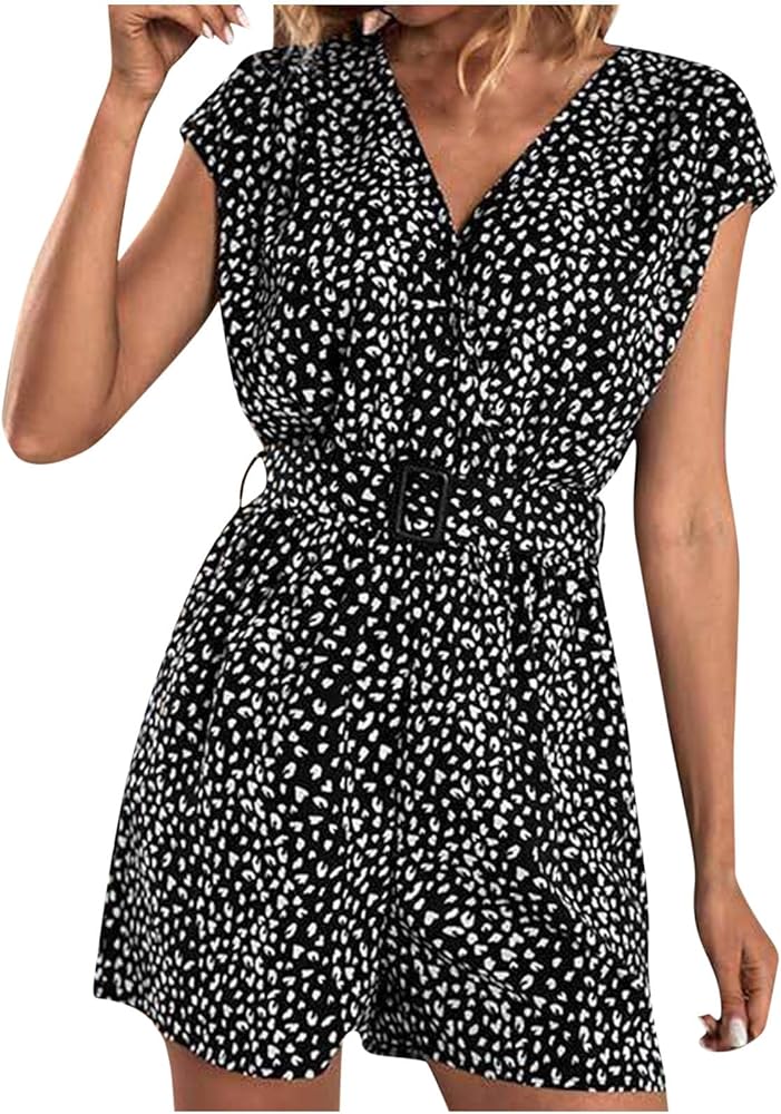 Womens Wrap V Neck Cap Sleeve Jumpsuit Leopard Print Belted Romper Casual Boho Beach Outfits Travel Vacation Clothes