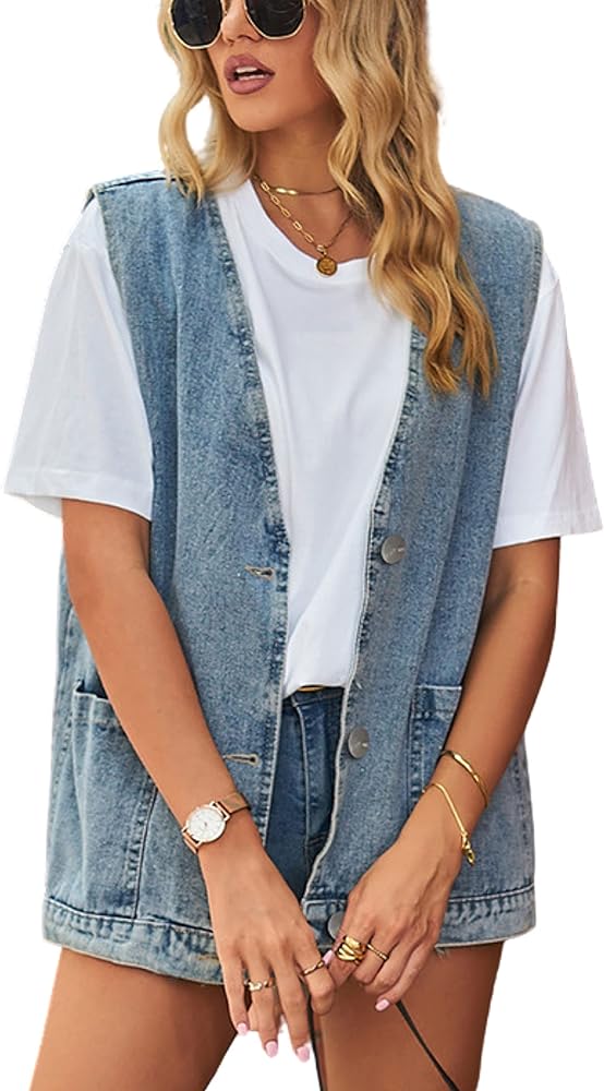 Womens Denim Vest Button Down Collarless Jean Vest Sleeveless Oversized Jacket