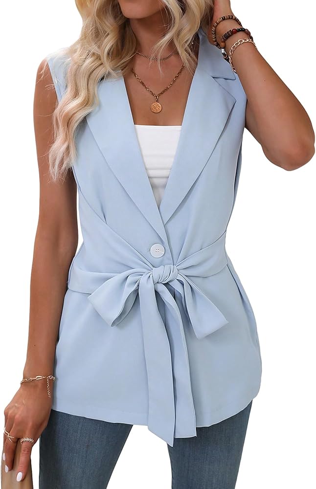 WDIRARA Women's Sleeveless Button Front Open Front Belted Vest Blazer Stand Collar Summer Jacket Waistcoat