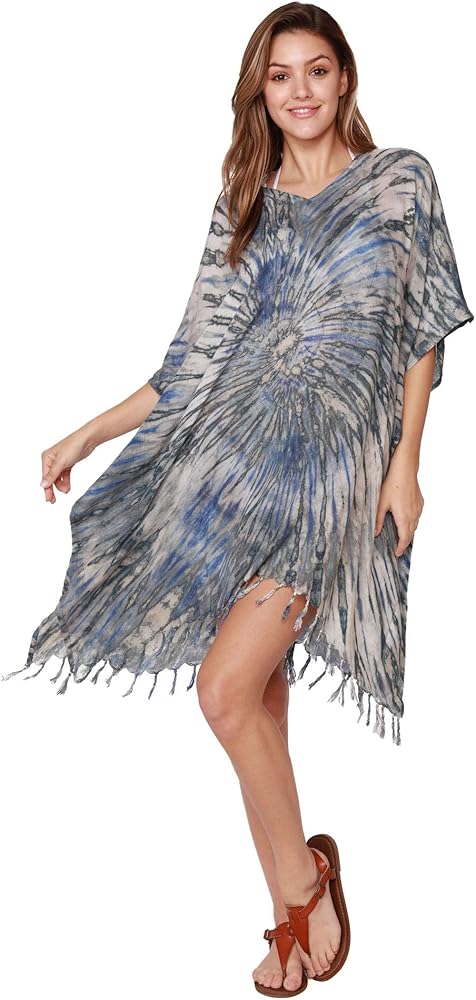 INGEAR Tie Dye Beachwear Bathing Suit Cover Ups Fringe Bottom Women Poncho Swimwear Sleeve Coverups