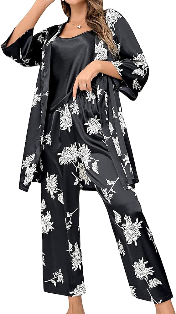 GORGLITTER Women's Silk Satin Pajamas Set 3 Piece Floral Pj Sets Cami and Pants Sleepwear with Robe