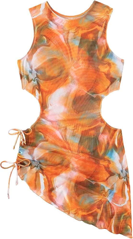 GORGLITTER Women's Tie Dye Mesh Swimsuit Coverup Cut Out Drawstring Asymmetrical Bow Beach Cover Ups Dress