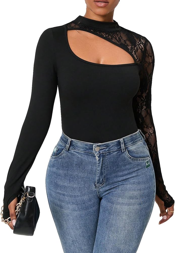 SweatyRocks Women's Floral Lace Long Sleeve Cut Out Bodysuit Top Mock Neck Slim Fit Bodysuit