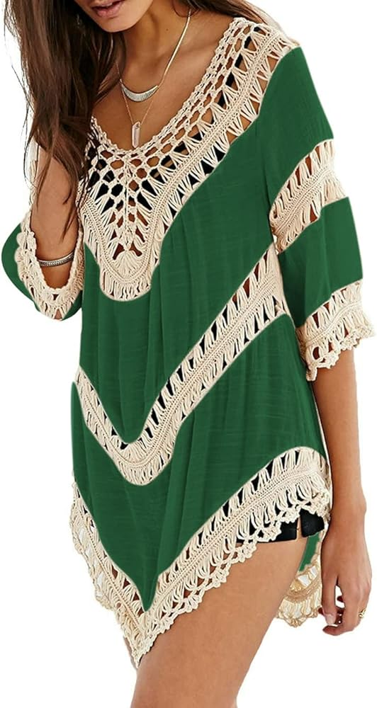 Women’s Boho V Neck Crochet Tunic Tops Blouse Shirt Hollow Out Beach Swimsuit Cover up