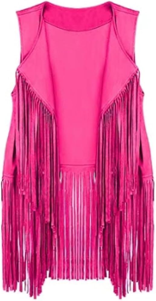 Womens Tassel Sleeveless Vest Retro 70S Hippie Faux Suede Fringe Jacket Open-Front Cardigan Waistcoat Outwear Tops