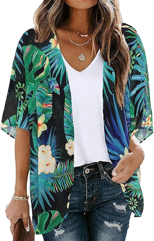 Women's Floral Print Puff Sleeve Kimono Cardigan Loose Cover Up Casual Beach Blouse Tops