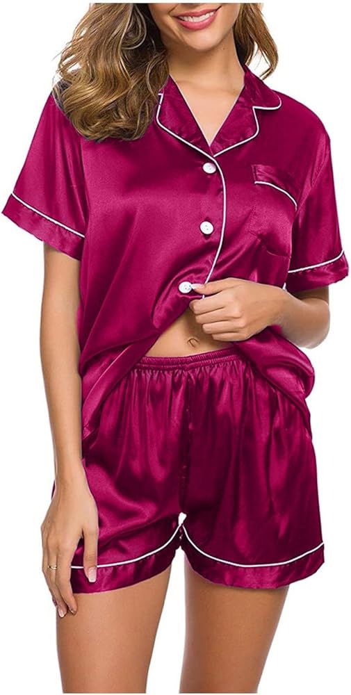 Silk Pajamas for Women Two Piece Sets Satin Button Down Shirt and Pajama Shorts Summer Lounge Sets 2 Piece