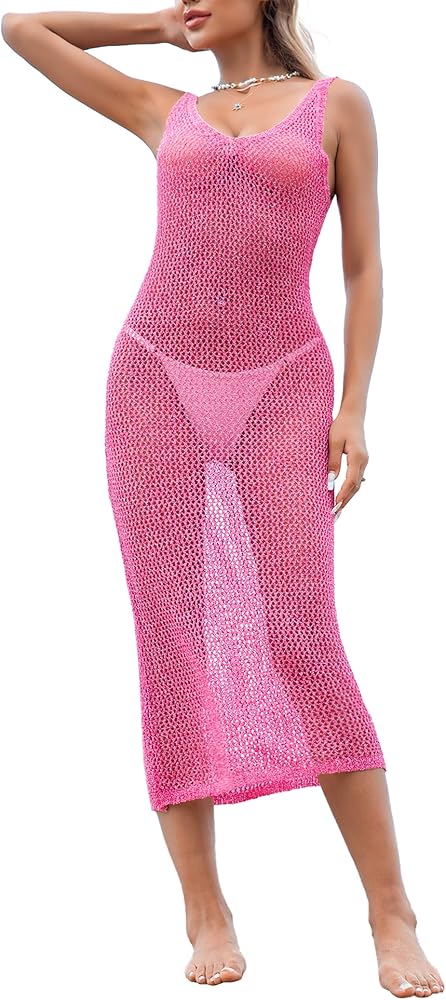 Womens Swimsuit Cover Up Sleeveless Hollow Knit Bikini Swimwear Bathing Suit Coverup Crochet Beach Dress 2024