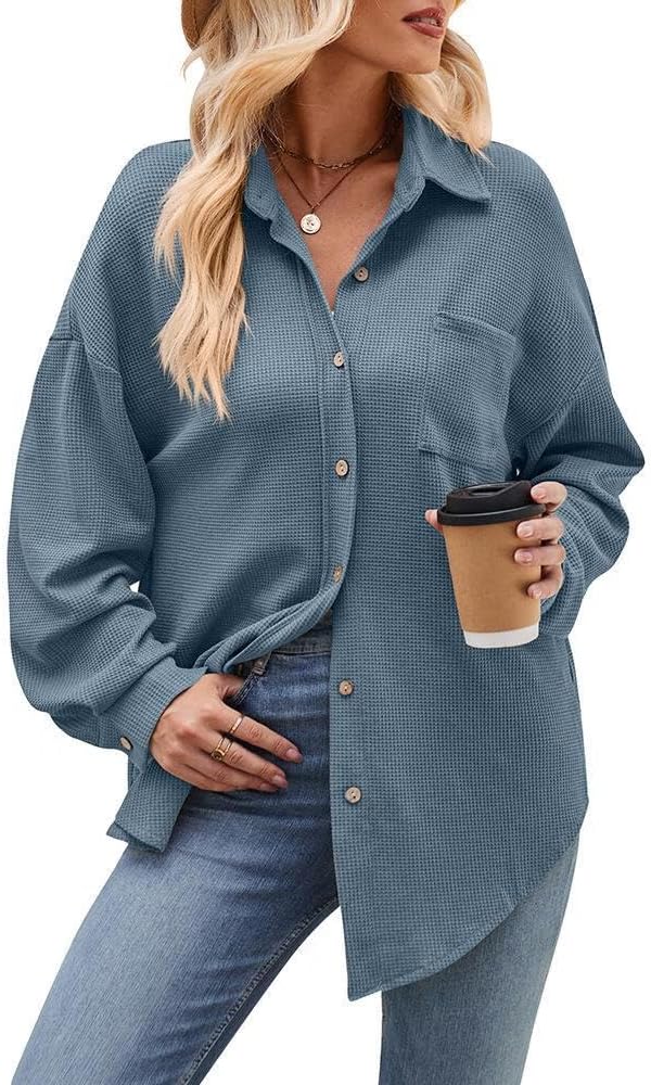 Waffle Button Down Shirt Women Casual Tops Long Sleeve Loose Fit Shacket with Pocket