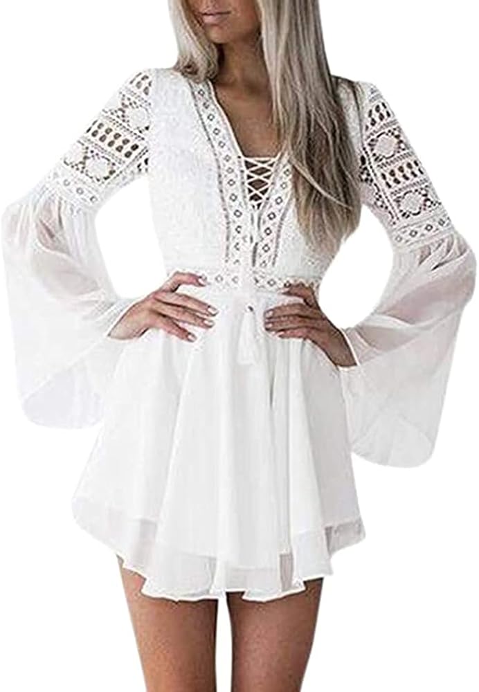 Women's Lace Beach Dress Lace Robe Bikini Cover Ups V-Neck Hollow Crochet Sarong Beachwear Summer Beach Mini Dress